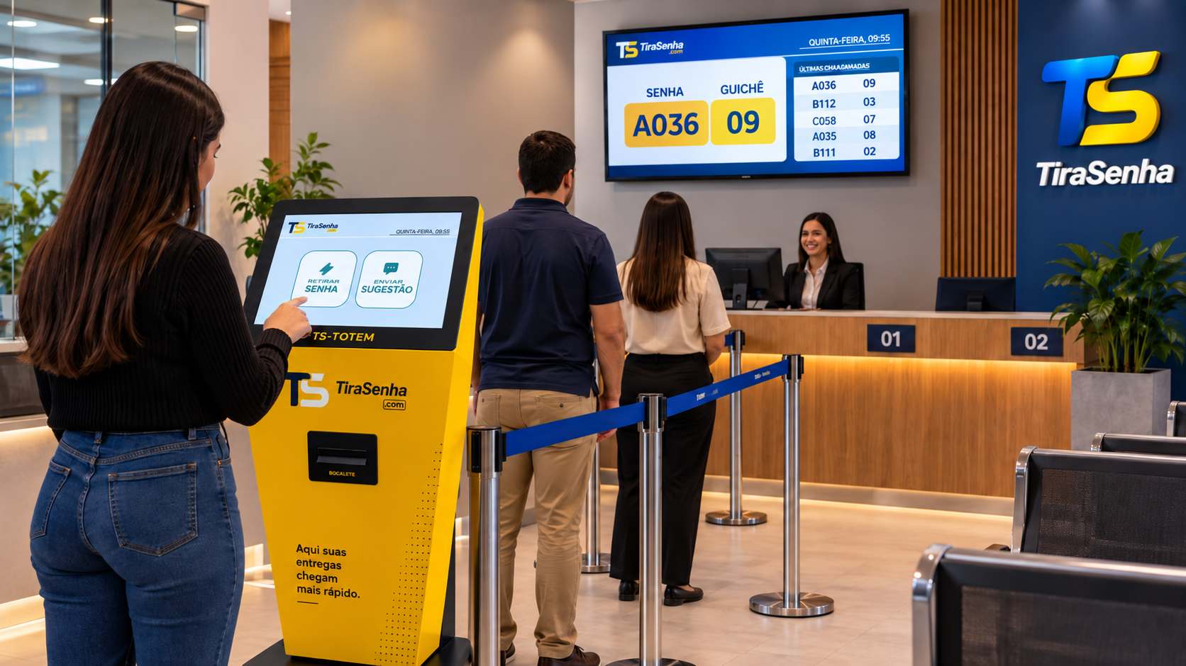 Ecossistema TiraSenha com totem de senhas, painel digital, organização de filas e atendimento
