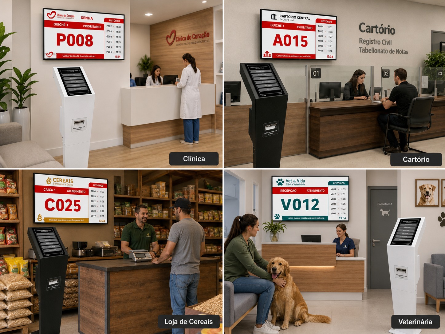 TS-Totem Lite aplicado em clínica, cartório, loja de cereais e veterinária