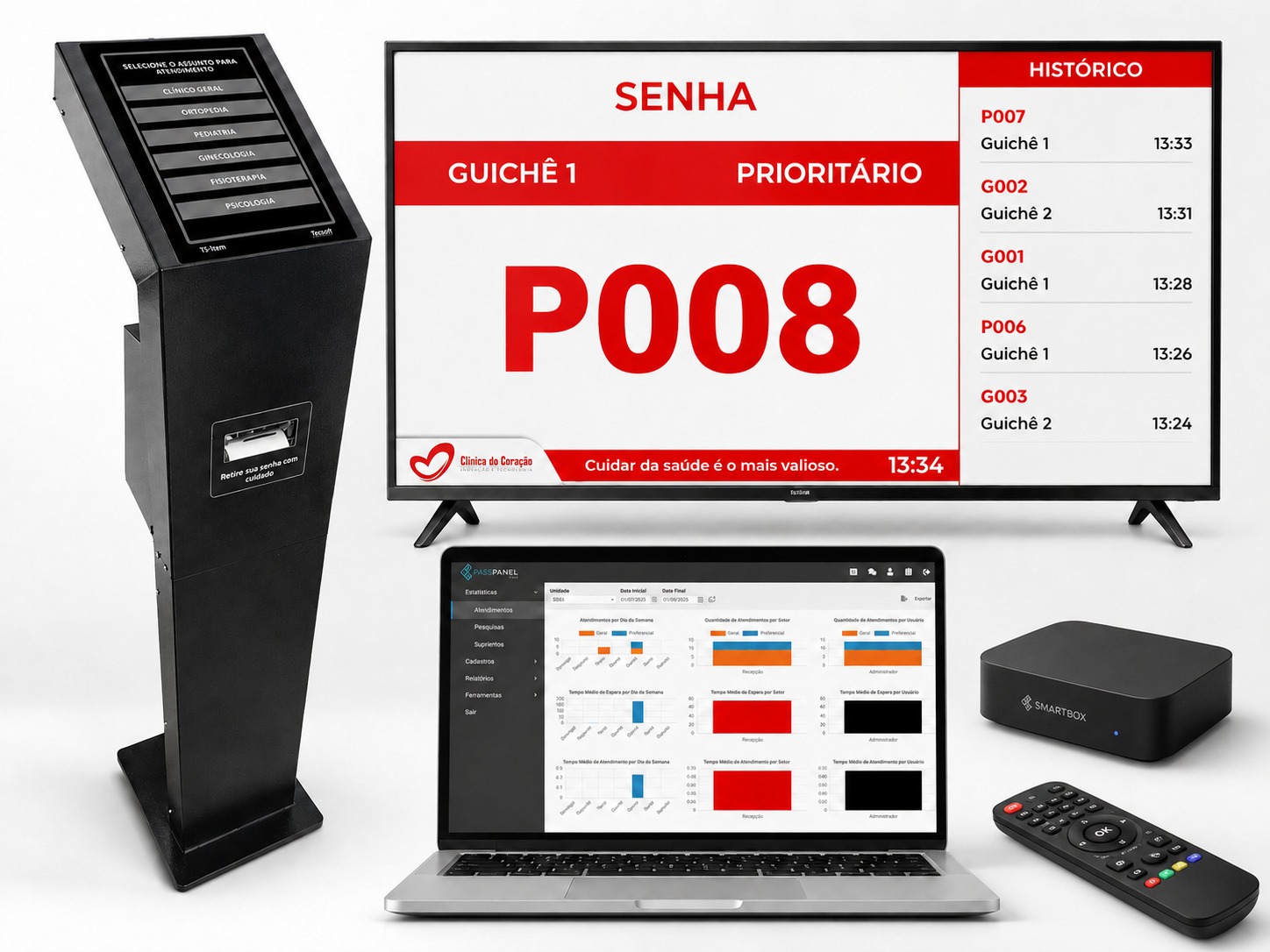 TS-Totem Lite com painel de senhas na TV, sistema PassPanel, SmartBox e controle remoto